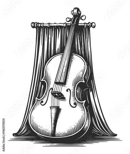 Elegant Hand-Drawn Illustration of a Vintage Violin with Curtain