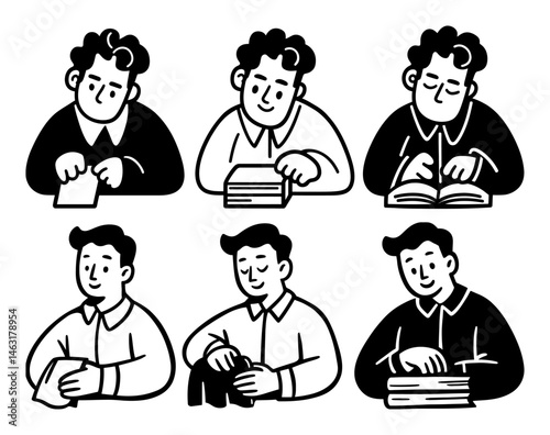 Cartoon Doodle of Male Character Engaged in Various Activities