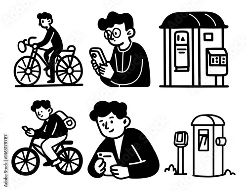 Whimsical Cartoon Doodles of Everyday Activities and Technology Use