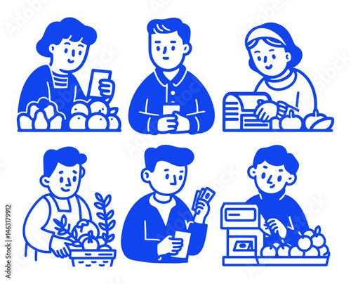 Vintage Style Cartoon Market Scenes with People Interacting