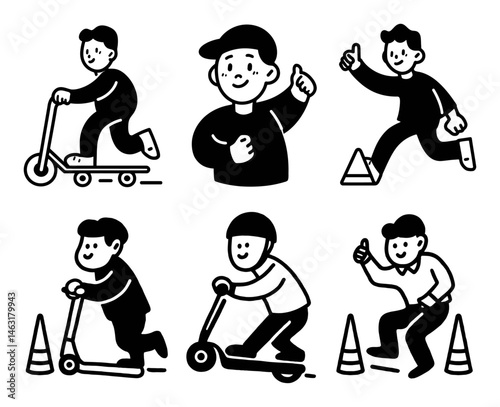 Fun Cartoon Doodles of Kids Riding Scooters and Playing Outdoors