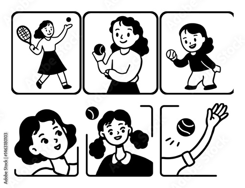 Playful Cartoon Doodles of Girls Engaging in Tennis Activities
