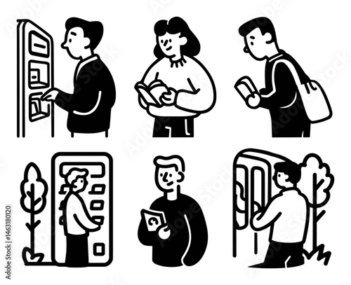 Black and White Cartoon Drawings of People Engaged in Various Activities