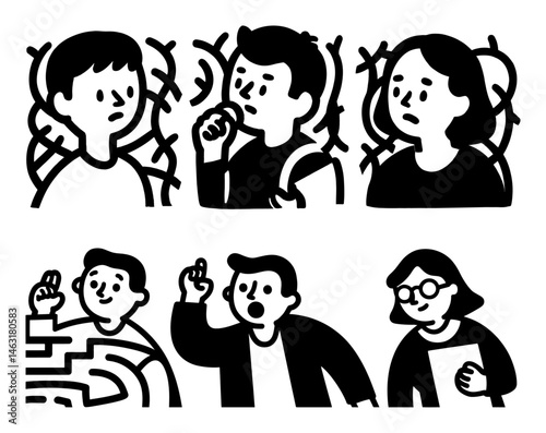 Cartoon Doodles of Characters Expressing Various Emotions in Black and White
