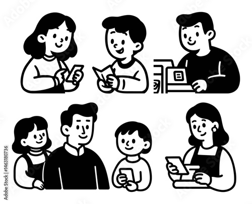 Cartoon Doodle of People Engaging with Phones and Shopping Activities