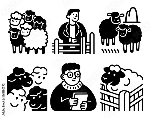 Playful Cartoon Doodle of Sheep, Farmer, and Farm Scene Illustrations