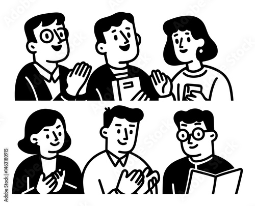 Group of Diverse People Engaged in Discussion and Applause Drawing