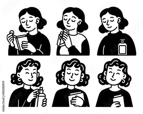 Playful Cartoon Doodle of Woman Engaging with Personal Care Items