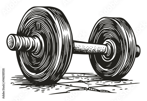 Vintage Engraving of a Barbell Weight on Distressed Background