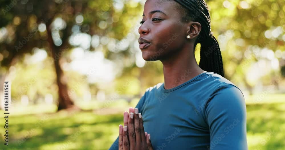Yoga, praying hands and woman with meditation by park for mindfulness, healing aura or holistic wellness. Zen, black person and peaceful in nature with fresh air, calm or breathing for energy balance
