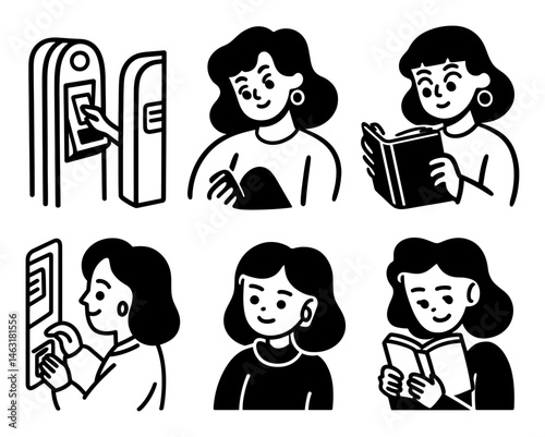 Engaging Cartoon Doodles of Young Woman in Various Activities