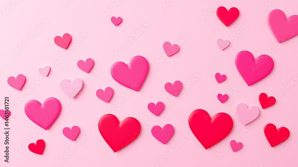 Romantic background featuring scattered 3d hearts in various shades of pink and red Romantic background featuring scattered 3d hearts in various shades of pink and red