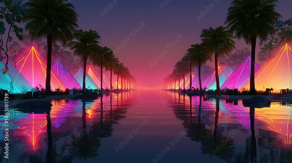 Obraz premium A vibrant night scene with illuminated tents and palm trees reflected in water.