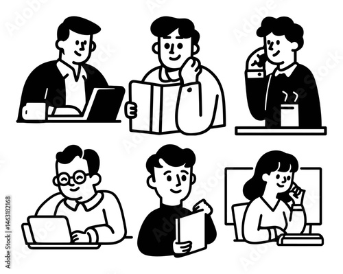 Engaging Cartoon Doodle Illustrations of Work Situations and Focus