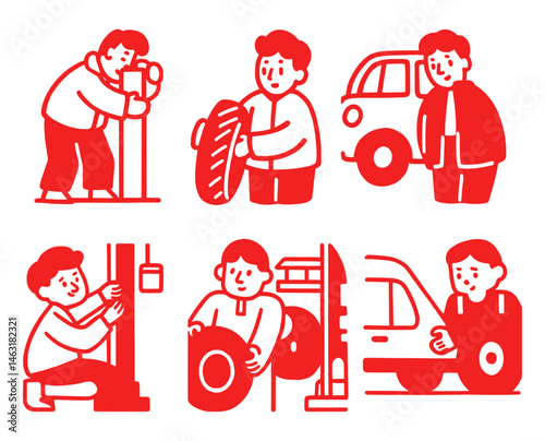Red Cartoon Doodle Illustrations of Mechanics and Car Repairs