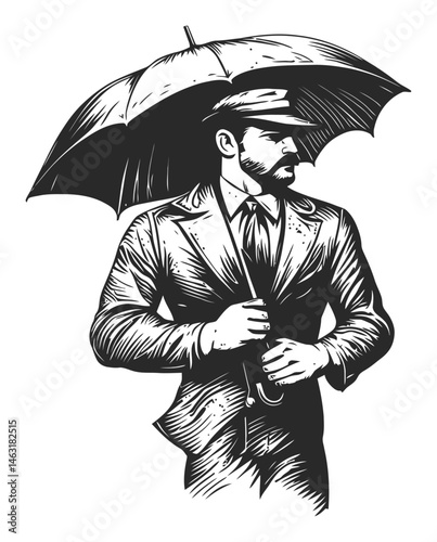 Stylish Man with Umbrella in Vintage Engraving Illustration