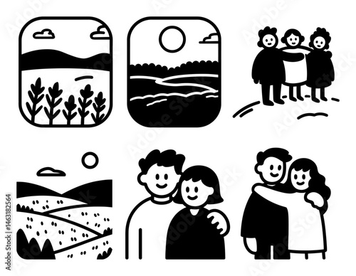 Charming Black and White Doodles of Nature and Friendly Characters