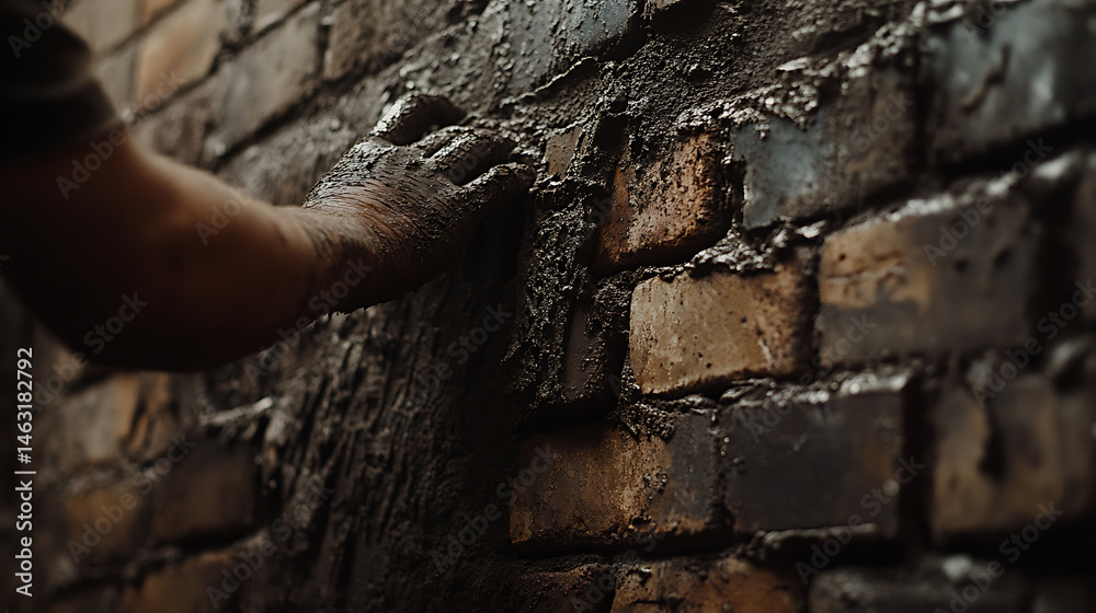 Hand Applying Mortar to a Brick Wall Hand Applying Mortar to a Brick Wall