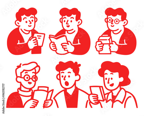 Red Cartoon Doodles of Characters Reading Books and Papers