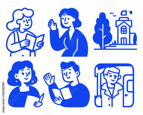 Blue Doodles Illustrating People in Conversation and a School Scene