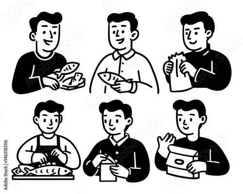 Cartoon Characters Preparing and Handling Fish in Doodle Style