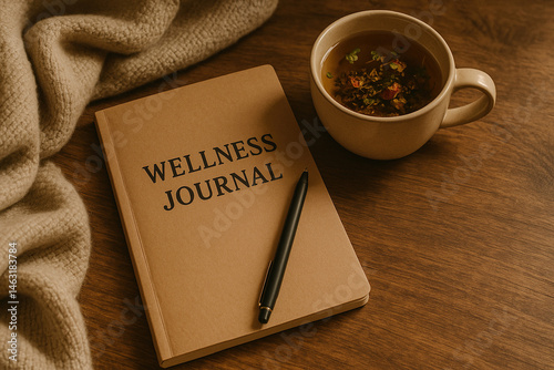 A cozy workspace with a wellness journal, pen, herbal tea, and soft blanket. Suggests emotional wellness and reflection. photo