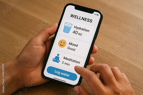 Close-up of hands using a mobile wellness app for tracking hydration, mood, or meditation photo