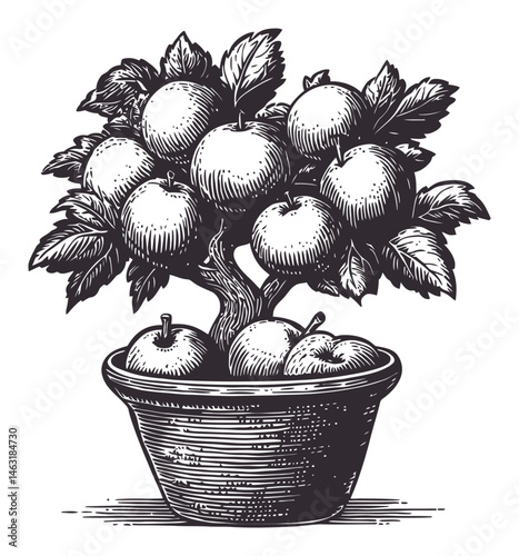 Detailed Black and White Engraving of a Fruit Tree in a Pot