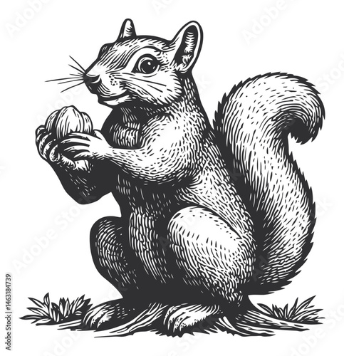 Detailed Engraving of a Squirrel Holding an Acorn in Black and White