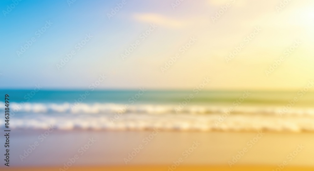 Obraz premium Blurred tropical beach scene with golden sand, blue ocean, and sunny sky. Summer vacation background. Defocused coastal landscape for relaxation concept and travel advertisement.