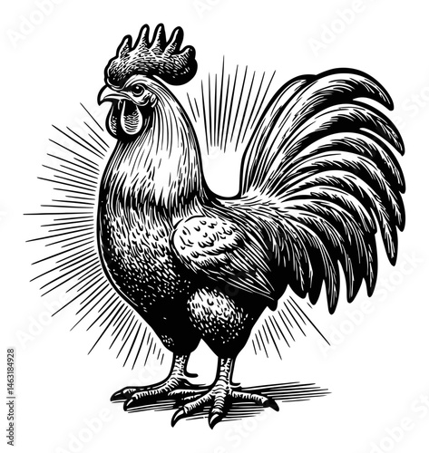 Vintage Engraving of a Rooster with Bold Tail Feathers and Rays