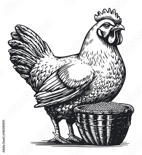 Rustic Chicken Engraving with Basket of Grains Illustration