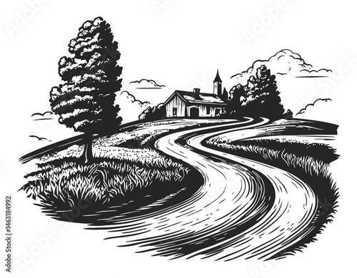 Serene Countryside House Road Engraving with Trees and Clouds