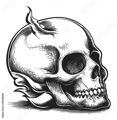 Detailed Engraving of a Skull with Flames for Artistic Inspiration
