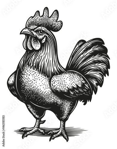 Detailed Engraved Illustration of a Rooster in Black and White