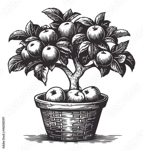 Detailed Black and White Engraving of Apple Tree in Pot