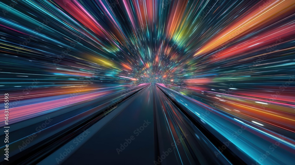 A vibrant, abstract representation of speed and motion through a colorful tunnel of light. A vibrant, abstract representation of speed and motion through a colorful tunnel of light.