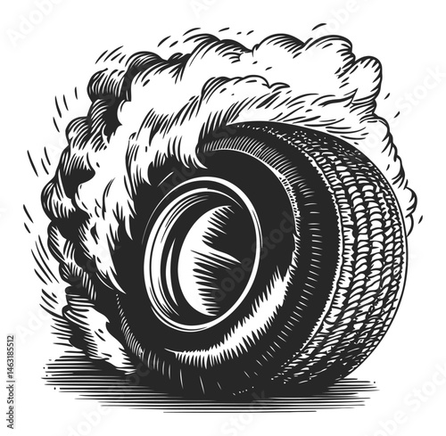 Detailed Engraving of a Tire Creating Dust and Smoke Effects