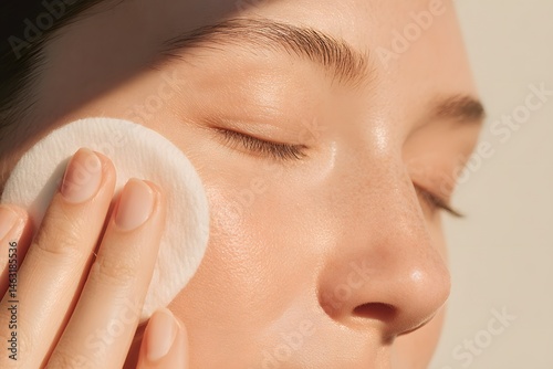 Glow of Radiance: A close-up of a person gently cleansing their face with a soft pad. capturing the delicate touch and the fresh glow of healthy skin.