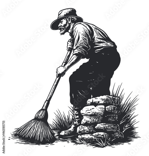 Vintage Engraving of Man Sweeping Grass with Traditional Broom