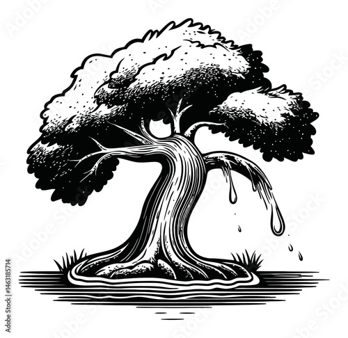 Detailed Engraving of a Tree with Dripping Sap and Roots