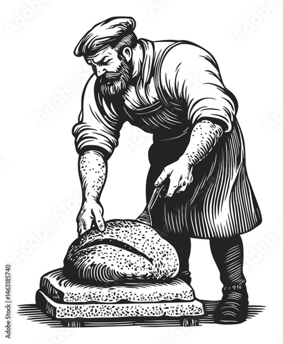 Artisan Preparing Fresh Bread with Traditional Tools in Engraving Style