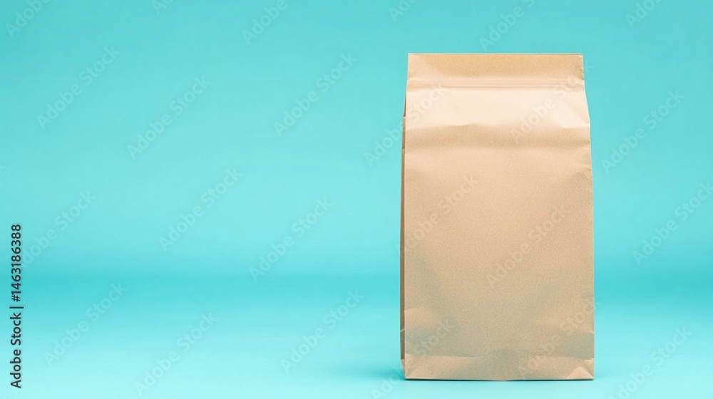 A plain brown paper bag stands upright on a blue background, perfect for packaging or branding mockups. A plain brown paper bag stands upright on a blue background, perfect for packaging or branding mockups.