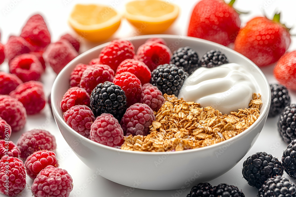 Closeup of a Bowl of Oatmeal with Raspberries Blackberries and Yogurt Closeup of a Bowl of Oatmeal with Raspberries Blackberries and Yogurt