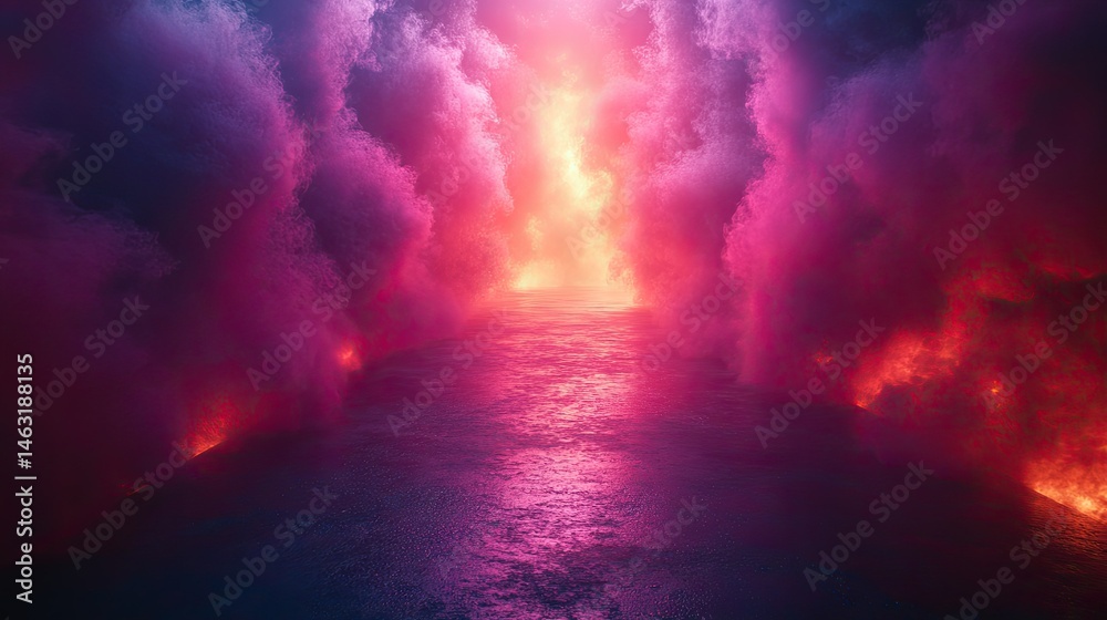 Naklejka premium A vibrant, surreal landscape of colorful clouds and reflective water, creating a dreamlike atmosphere.