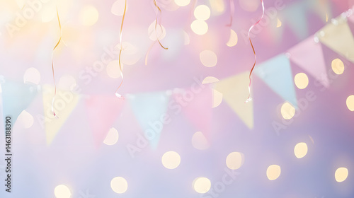 Pastel birthday celebration with confetti and balloons party background soft lighting joyful atmosphere
