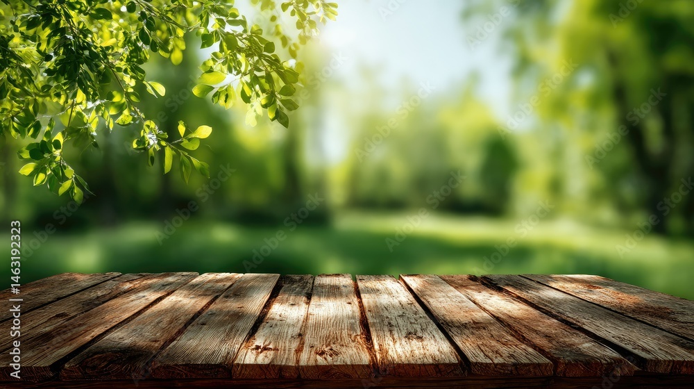A wooden table in a serene, blurred forest background, ideal for nature-themed presentations. A wooden table in a serene, blurred forest background, ideal for nature-themed presentations.
