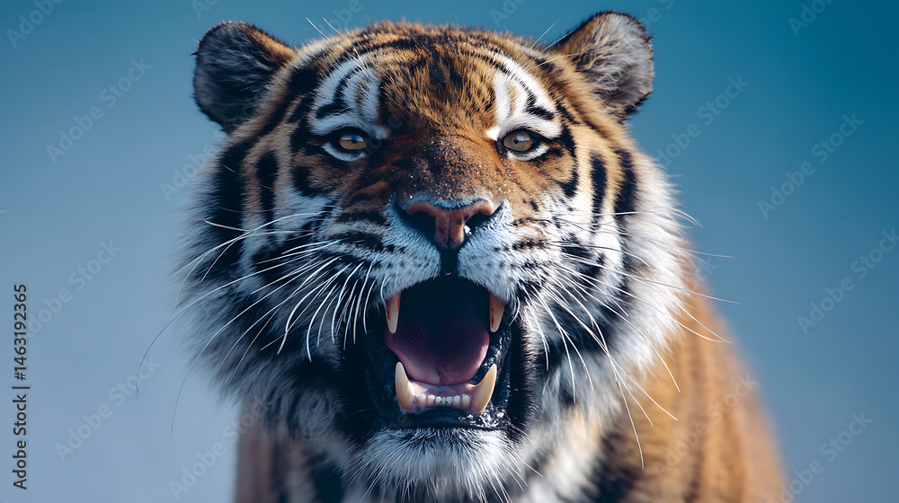 Obraz premium Close-up of a roaring tiger showcasing its fierce expression against a blurred backdrop
