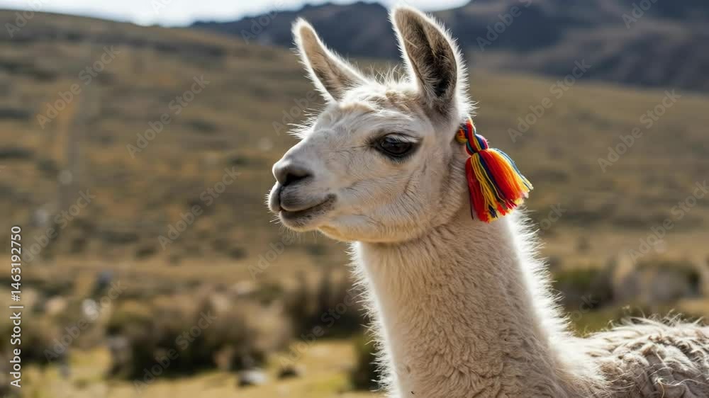 Close up video of white llama with colorful traditional ear tassel in Andes mountains landscape. South American animal portrait. Travel, culture, domestic livestock from Peru or Bolivia