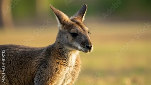 Red-necked wallaby close up in Australian grassy field during golden hour light footage. Alert native marsupial wildlife animal looking around. Australia fauna, small kangaroo video portrait.